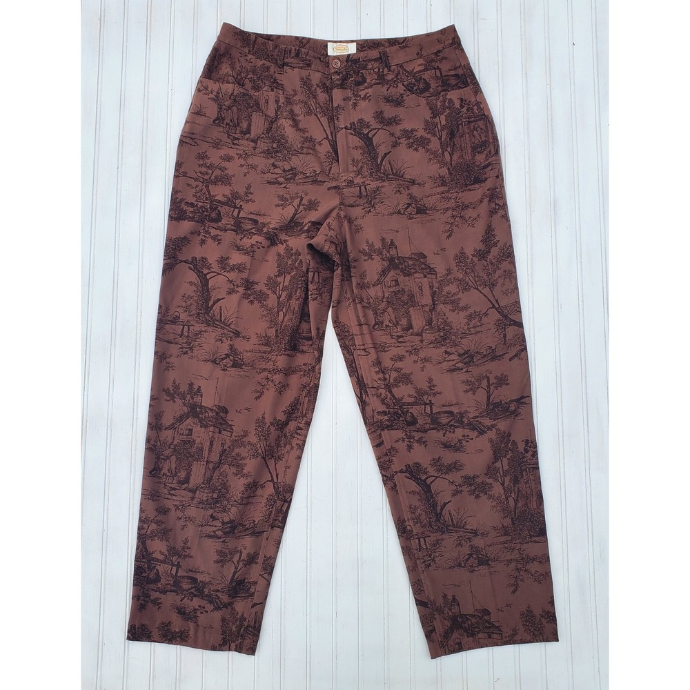 Talbots Toile Print Straight Leg Trousers Brown Black Stretch Pants Womens 14